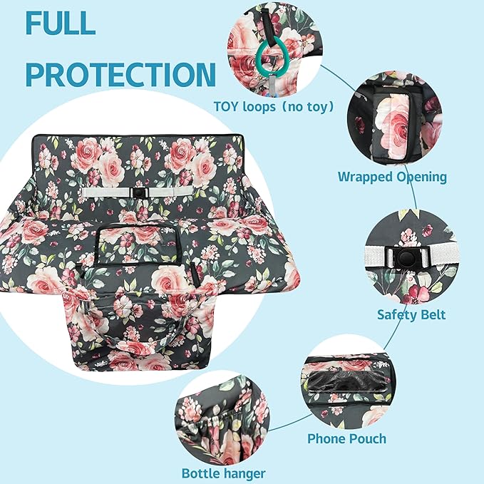 Shopping Cart Cover for Baby,2-in-1 High Chair Cover Soft,Portable, and Machine Washable,Comfortable Cotton Seat Pad with Safety Harness and Portable Cloth Bag,Fits All Supermarkets and Restaurants