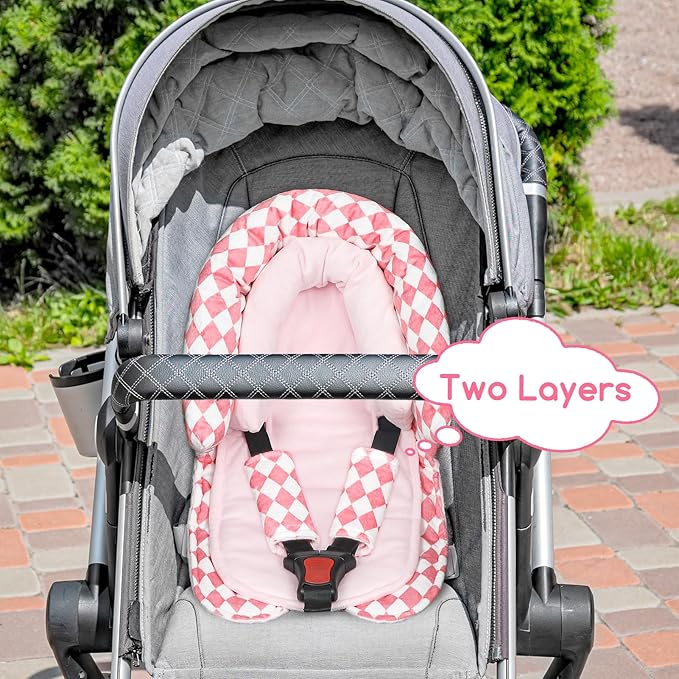 GFU Baby Car Seat Head Support for Newborn, 2 in 1 Infant Car Seat Head Body Support with Strap Pads, Soft Stroller Cushion Pillow Insert for Girls, Fits for Stroller, Swing, Pink Diamond