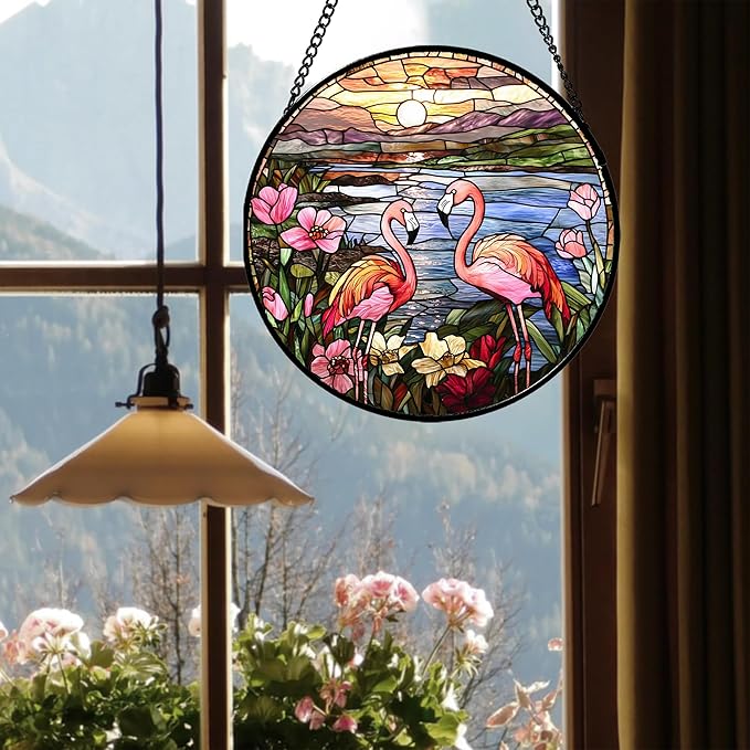 JOSUMALY Stained Glass Window Hanging - Flamingo Wildflowers Landscape Suncatcher for Door Terrace Garden Home Decor Sunset Lake Sun Catcher Birthday Gifts for Lovers Women Men Dad Mom Nana 7.8 in