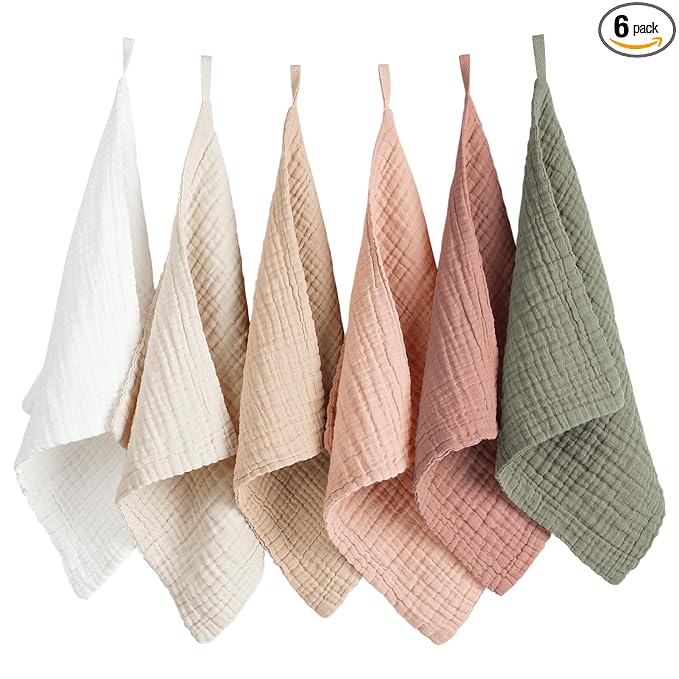 Konssy 6 Pack Baby Muslin Washcloths for Unisex 100% Cotton Wash Cloth Set for Baby Face Body Comfy and Soft for Newborn Infants Kids Girls and Boys