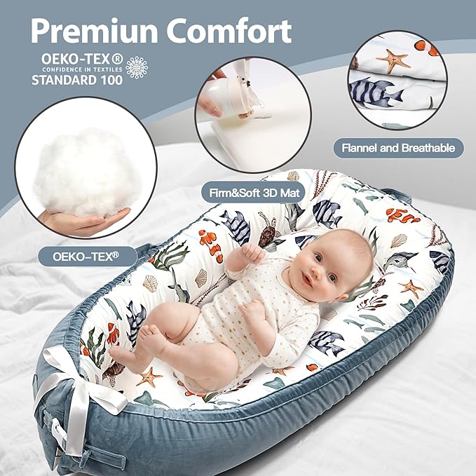 Baby Lounger-Breathable and Soft Organic 100% Cotton, Portable Infant Lounger with Removable Lounger Cover, Baby nest Lounger for Newborn - Sea World