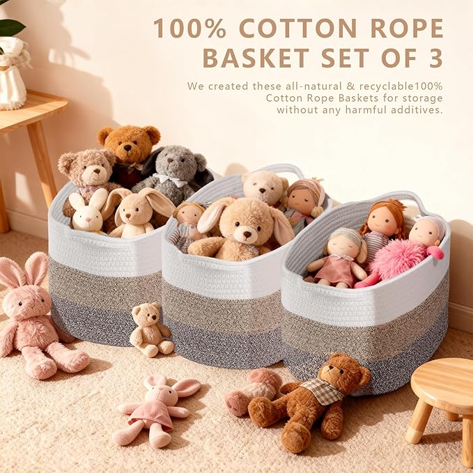 AOFANGSHIYE 3PCS Grey Cotton Rope Woven Storage Basket, 15x10x8.7 Inches Shelf Organizer for Baby Gift Baskets, Toys, Laundry, Baby Blankets & Empty Gift Baskets