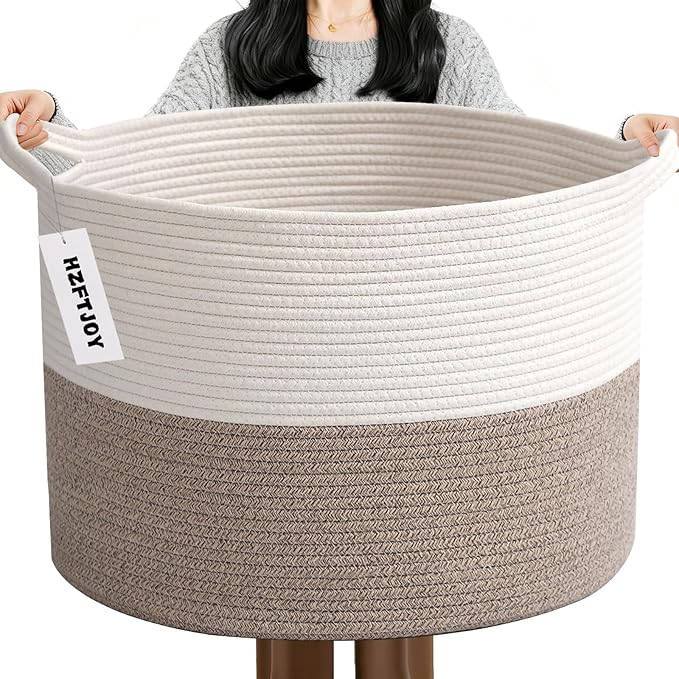 Large Storage Basket with Handle,23.6" x 23.6" x 15.7" Blanket Basket Storage Bins for Organizing,115L Cotton Rope Woven Baskets for Living Room, Nursery ,Bedroom,White&Brown