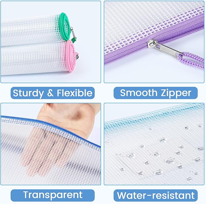 Sooez 32 Pack Mesh Zipper Pouch Bags, A4 Letter Size, Zipper Bags with Label Pocket, Waterproof Pouches for Classroom Organizer, Board Game Toy Storage, Document Bag for Teacher School Office Supplies