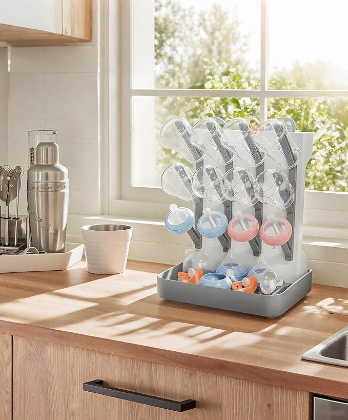 Baby Bottle Drying Rack, Vertical Space Saving Countertop Holder - Large Capacity for 12 Bottles, Pump Parts, Pacifiers, Brushes, Sippy Cups - BPA-Free, Baby Accessories Organizer - Blue
