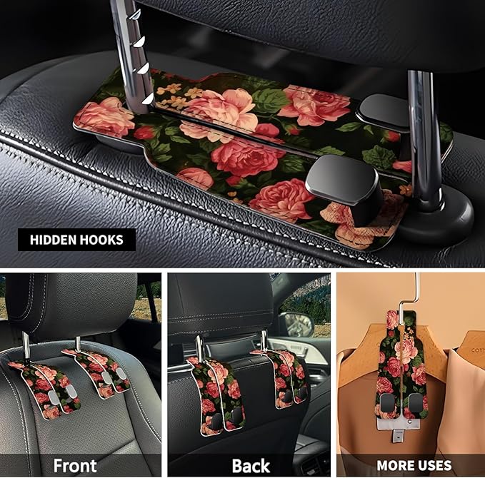 NUGGHU Car Seat Headrest Hook, Universal Leather Cute Hanger Holder Hook, Storage Organizer Interior Accessories for Purse Bags Handbag Cute Red Flowers