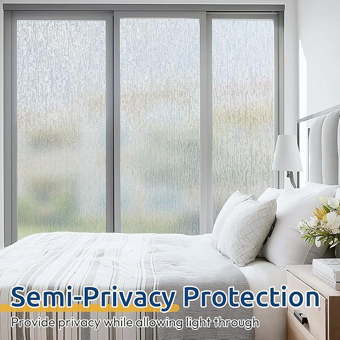 rabbitgoo Window Privacy Film Frosted Glass Clings, Decorative Sun UV Blocking Static Cling Window Covering, Removable Frosting Sticker for Home, Rain Silk, 17.5 x 78.7 Inches