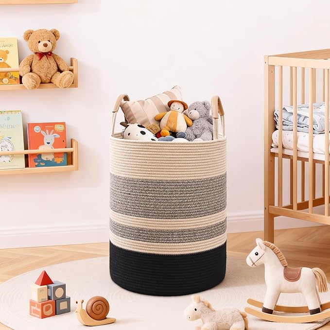 Degeyoyo 60L Striped Laundry Basket, Brown & Black Laundry Hamper with Leather Handles, Woven Cotton Rope Storage Bin for Blankets, Nursery Hamper for Clothes, Toys In Bathroom, Livingroom, Bedroom