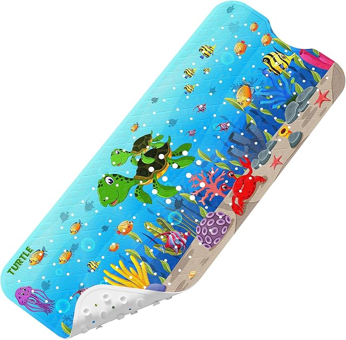 Upgrade Cartoon Baby Bath Mat Non Slip - 40"x16" Extra Long Bathtub Mat for Baby Eco Friendly Durable Bath Mat for Tub Non Slip Kids Tub Mat with Suction Cups, Machine Washable and No Fading, Turtle