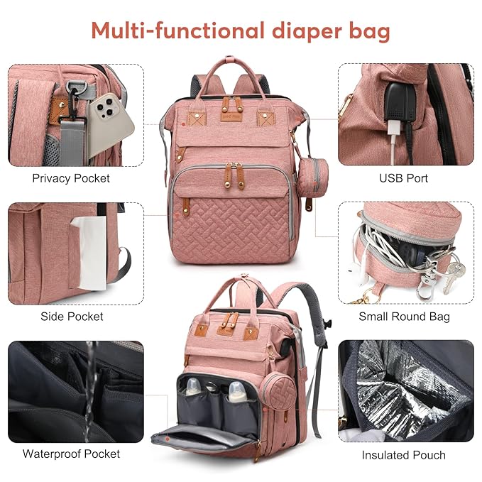 JKJRJJ Diaper Bag Backpack with Changing Station, Large Diaper Bag For Boys And Girls, Multifunctional Waterproof Travel Diaper Backpack, Baby Bag with USB Charging Port for Moms Dads,pink