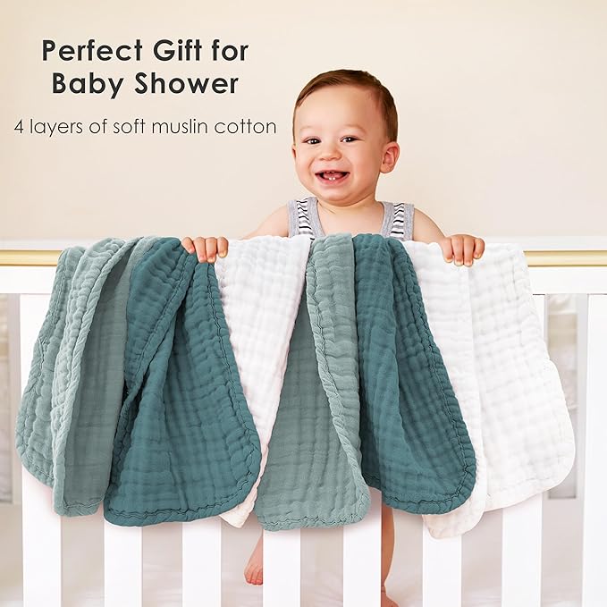 Muslin Burp Cloths for Baby 100% Cotton Burping Cloths for Unisex, Boy, Girl - Large 20'' by 10'' Newborn Essentials Ultra Soft Absorbent Milk Spit Up Rags - 12 Pack - White+Light Emerald Series