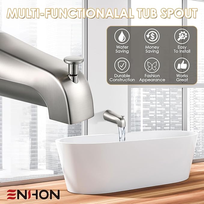 Enhon Slip on Tub Spout with Diverter, Compatible with American Standard 8888026.002 Tub Spout, Bathroom Bathtub Faucet, Fits 1/2 Copper Water Tube(5/8 Dia), 5/32 Hex Wrench(Brushed Nickel,1)