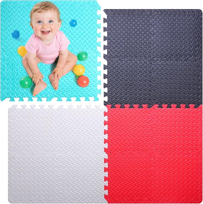 Coolcandy Baby Foam Play Mat 16Pcs with Edge Strips, 4 Colors Interlocking Floor Tiles, 0.4″ Thickened Non-Slip Puzzle Floor Mat for Infants Toddlers Playroom & Daycare