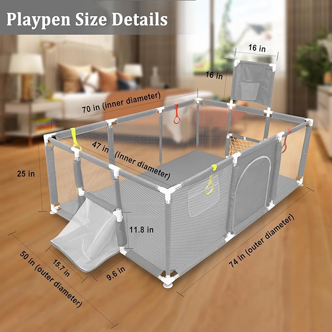 74"×50" Large Playpen for Babies and Toddlers, Kids Playyard with Basketball Hoop & Football Nets, Comes with a Storage Carry Bag, Pull Up Rings, Sturdy Safety Play Pen w/Soft Breathable Mesh (Grey)