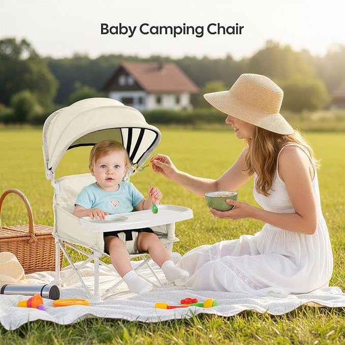 Cochildor 4-in-1 Portable Baby Chair, Foldable Toddler Booster Seat with Removable Tray, Canopy & Safety Harness, Beige