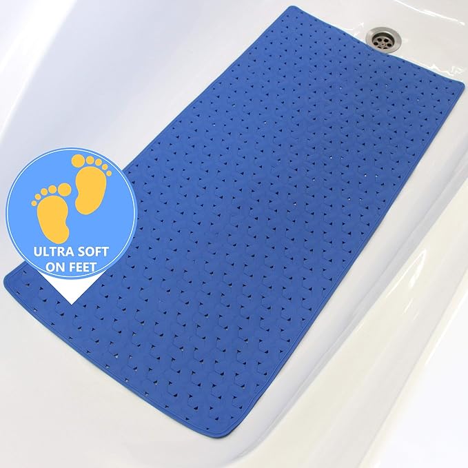 SafeLand- Non-Slip Bath, Shower, Tub Mat, TPR Material, Eco-Friendly, Non-PVC, Machine Washable, No Odor, with Powerful Suction Cups and Drain Holes, Tweed (15"x30" Blue)