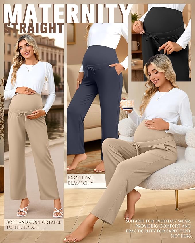 3 Pcs Maternity Sweatpants Over The Belly Pregnancy Straight Wide Leg Elastic Drawstring Pants Joggers with Pockets