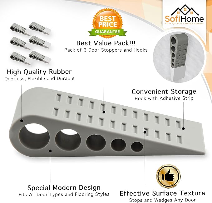 Door Stopper 6 Pack [1.3" high] - Bonus Holders - SofiHome Premium Heavy Duty Door Stop Rubber Wedge with Decorative Holder - Ideal for Large & Small Door Gaps - The Improved (6, Gray)