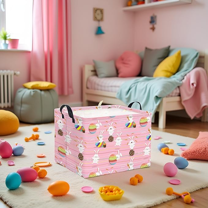 TIBAOLOVER Rectangular Easter Basket Easter Basket for Kids Baby Storage Basket Cute Toy Storage Bin Organizer Shelf Book Basket Easter Room Decor(Line Easter Egg)