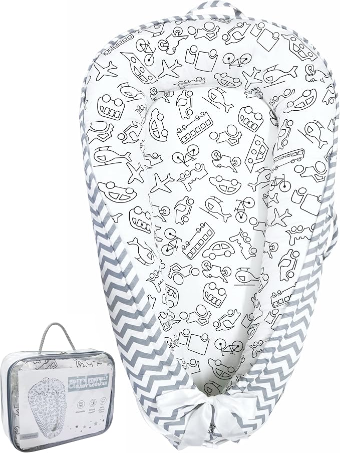 Aila+Aiden Baby Lounger | Organic Cotton Infant Lounger | Reversible, Adjustable & Portable Floor Lounger |Supervised Use | Soft, Breathable, Washable Cover - Star Collection (Travel Gray)