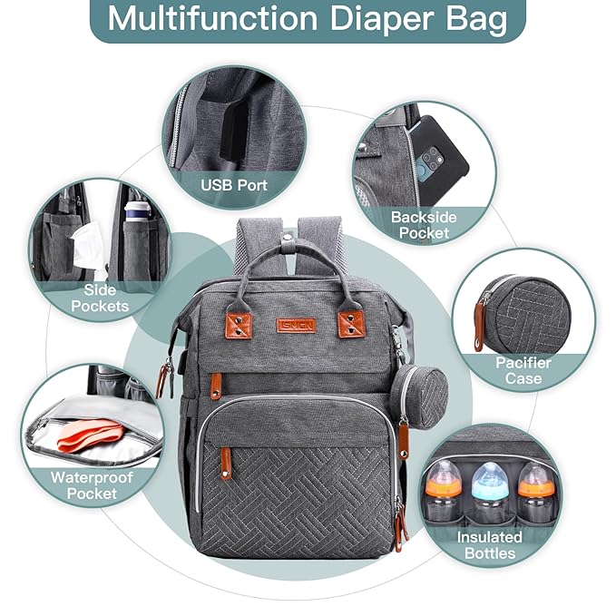 ISMGN Diaper Bag Backpack with Changing Station, Extra Large Diaper Bag, Multifunctional Diaper Bag, Baby Bag, Deep Gray