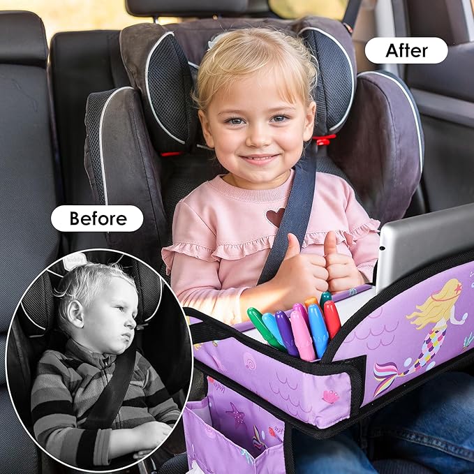 Kids Travel Tray for Car Airplane - Toddler Car Seat Table Tray, Road Trip Essentials for Boys & Girls, Carseat Lap Desk for Kids Road Trip Activities (Purple Mermaid)