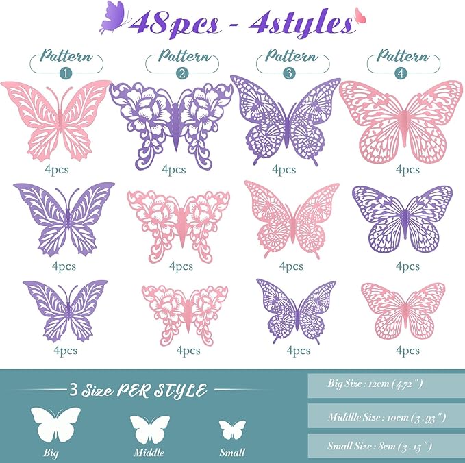 3D Butterfly Wall Decor 3 Sizes 4 Styles Butterfly Party Decorations Cake Decorations Removable Stickers Wall Decor Room Mural Metallic Kids (Purple+Pink, 48Pcs)