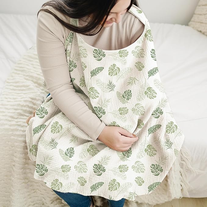 Konssy Muslin Nursing Cover for Baby Breastfeeding, Breathable 100% Cotton Breastfeeding Cover with Rigid Hoop for Mother Nursing Apron, Multi-use Carseat Canopy (Palm Paradise)