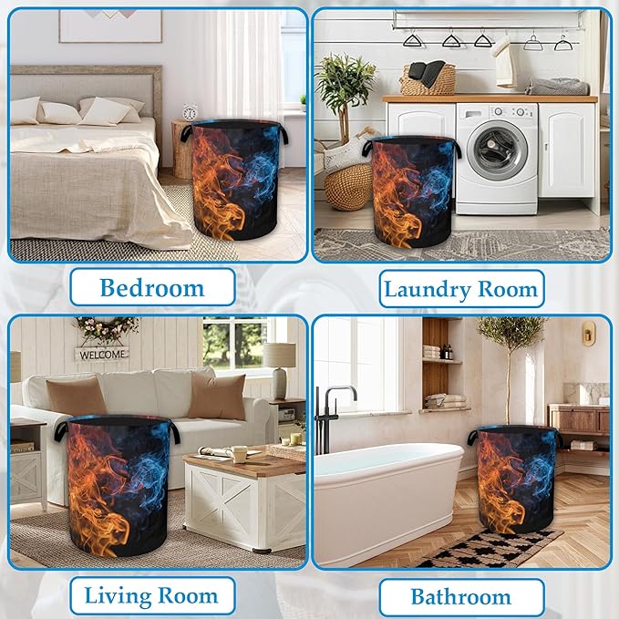 Red Blue Fire Laundry Basket Collapsible Laundry Hamper, Oxford Cloth Storage Bin for Room/Bathroom/Bedroom/Dormitories 16" X 20.8"