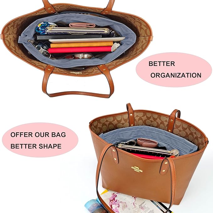 Time Wing Handbag Tote Purse Organizer Insert Bag Liner Shaper Divider Zipper 11 Pockets Compartments Large Grey