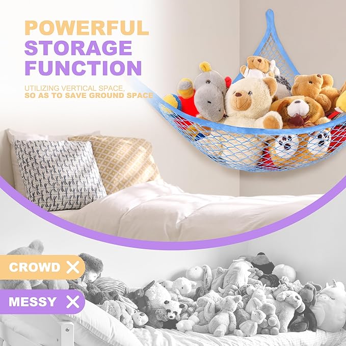 Lazebox Stuffed Animal Net Hammock for Plushie Toys, Stuffed Animal Hammock Corner for Kids' Room Decor, Ideas for Organizing Stuffy Collection, Blue, L (67" x 40" x 40")-Pack of 1