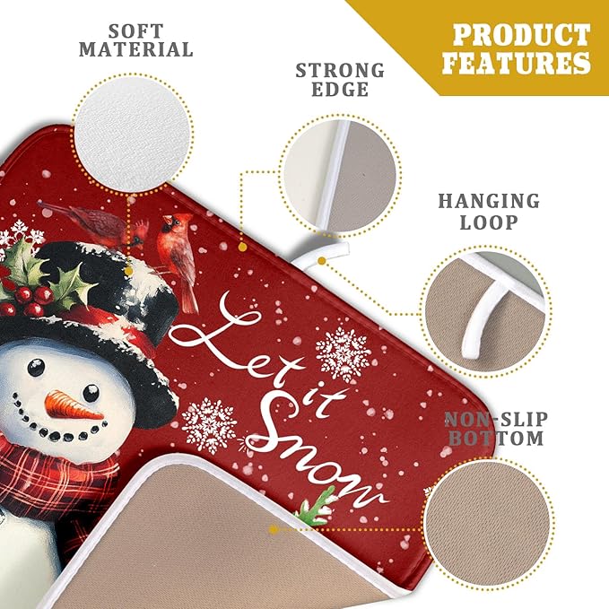 Winter Snowflake Red Dish Drying Mat for Kitchen Counter,Xmas Trees Snowman Cardinal Bird Drying Mat 16 x 18 Inch with High Absorbent Microfiber Drainer Mat for Coffee Bar