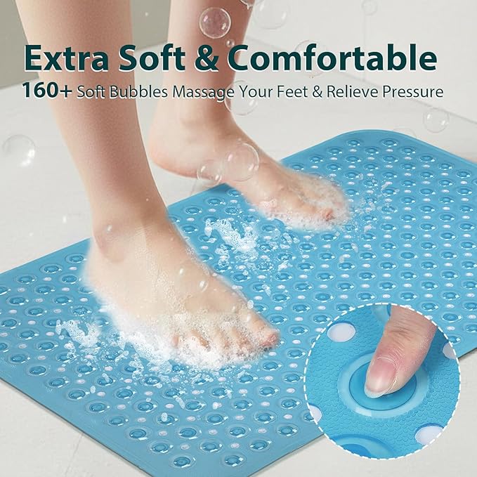Bathtub Mat Shower Mat Non Slip 17x30 Inch Standard Size, Soft Bubble Bath Tub Mat Shower Mats for Inside Shower Bathroom Floor Mat with Big Suction Cups & Drain Holes, BPA-Free，Clear Blue