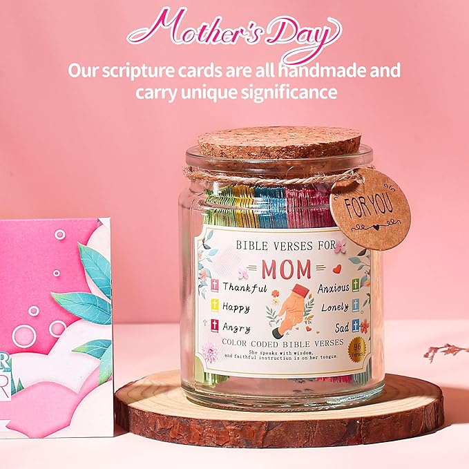 Bible Verse Jar for Mom, Bible Verses in A Jar for Emotional Support and Inspiration,Birthday & Mothers Day Gift for Mom,Christian Gift for Women, Prayer Cards With a Ribbon & Greeting Card