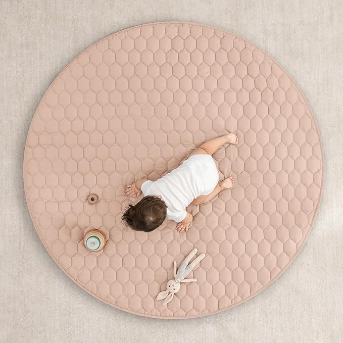 Comfy Cubs Round Kids Play Mat - Large 60 inches Soft Quilted Baby Floor Mat with Non-Slip Bottom - Plush Design for Toddlers' Playtime - Comfortable and Durable - Blush