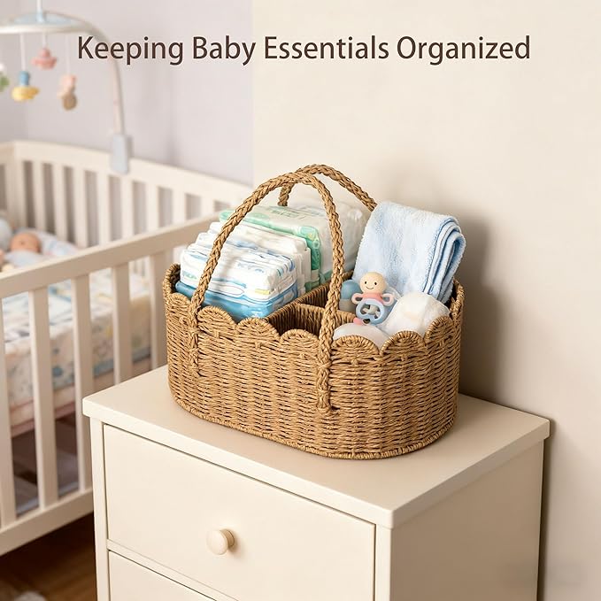 Diaper Caddy Organizer, Paper Rope Storage Baskets Nursery Bin with Removable Divider, Portable Car Organizer for Diapers, Baby Shower Gifts, Newborn Essentials Must Haves