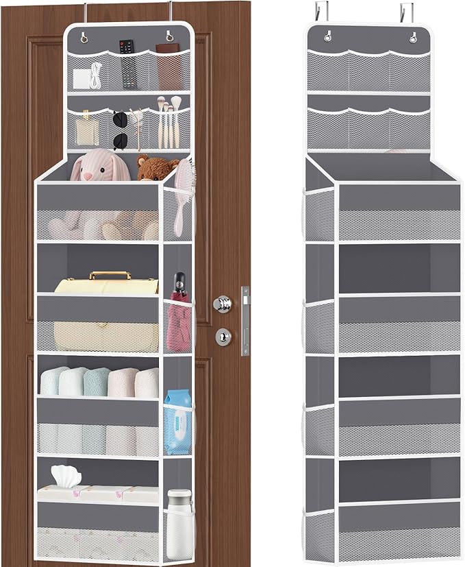 6-Tier Over The Door Organizer with Mesh Pockets, Baby Nursery Storage for Closet, Bathroom and Bedroom, Adjustable Hanging Closet Organizer for Cosmetics, Books and Essentials（Dark Grey）