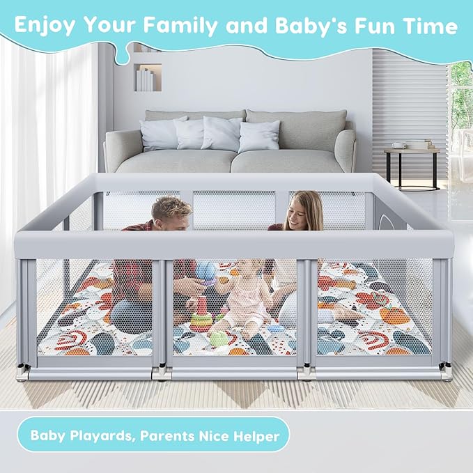 Fshibila 74" ×50" Large Baby Playpen, Baby Playard for Babies and Toddlers, Play Pens for Indoor & Outdoor, Sturdy Safety Play Yard with Soft Breathable Mesh, Anti-Fall, Grey (with MAT)
