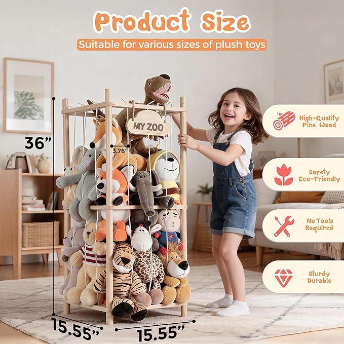LAMU Stuffed Animal Storage Zoo, Wooden Stuffed Animals Organizer & Holder for Kids with Elastic Cords, Space Saving Plushies Toy Organizer, Easy to Setup Plush Toy Cage for Playroom Bedroom Nursery