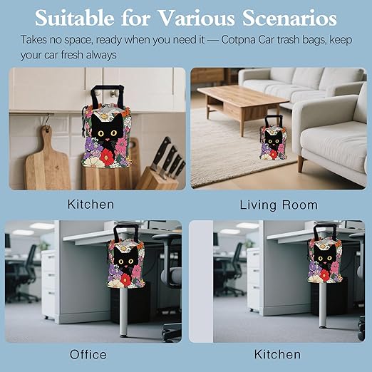 Black Cat on Colorful Flowers Car Garbage Bag,Small Car Trash Bag Hanging,Drawstring Car Garbage Bag with Adjustable Buckle for Car Back Seat,SUVs,Camping,Road Trips