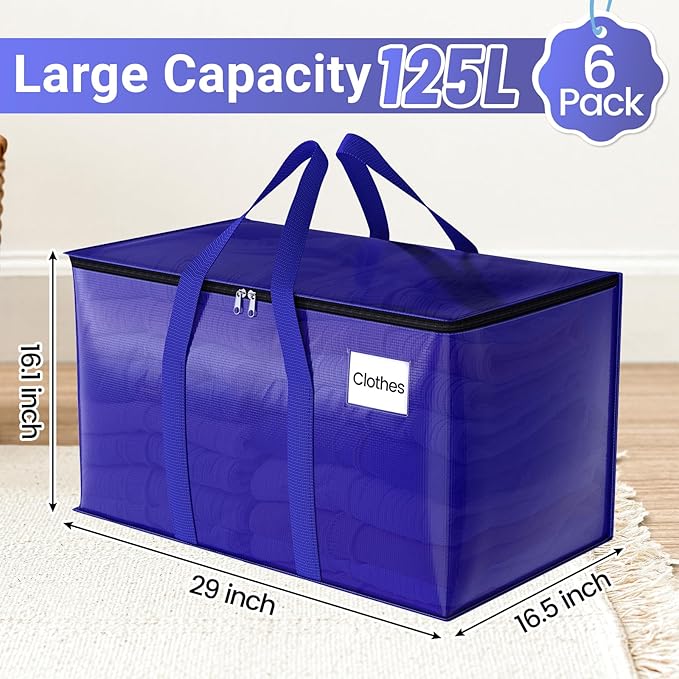 Moving Storage Bags, Moving Supplies Packing Boxes for Moving, Camping, College Dorm Room Essentials for Girls, Blue Tote Bags, Heavy-Duty Storage Bins With Lids And Zippers, 125L 6 Pack