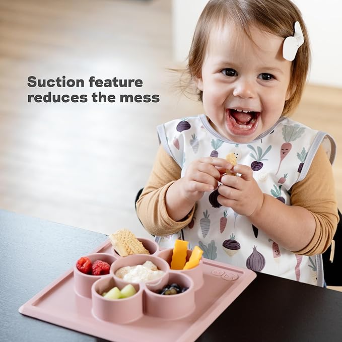 ezpz Mini Play Mat for Baby + Toddler (Blush) - 6 Months+ - Suction Plate with Flower Compartments for Crafts, Painting, Sorting, Snack Time - Promotes Pincer Grip