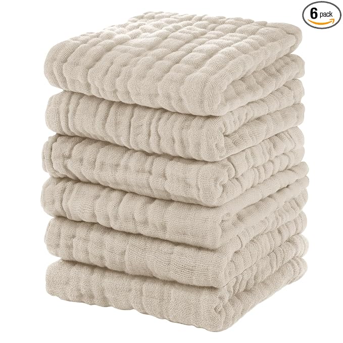 Unnivoll Muslin Burp Cloths Baby 12''X12'', Baby Washcloths 6 Pack, 100% Cotton Baby Wash Cloths Absorbent and Soft for Newborn Infants Kids Boys Girls - Apricot