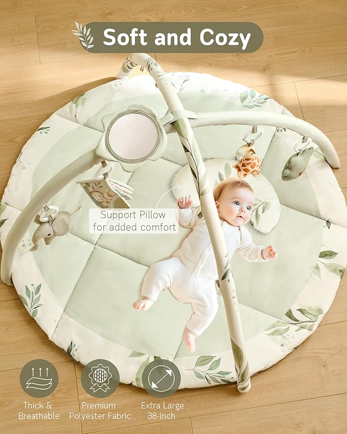 Fortella Baby Play Gym & Activity Mat, Machine Washable & Foldable Tummy Time Mat with 5 Detachable Toys, Certified Safe Newborn Essentials Gift for Baby Registry 0-12 Months (Sage Green)