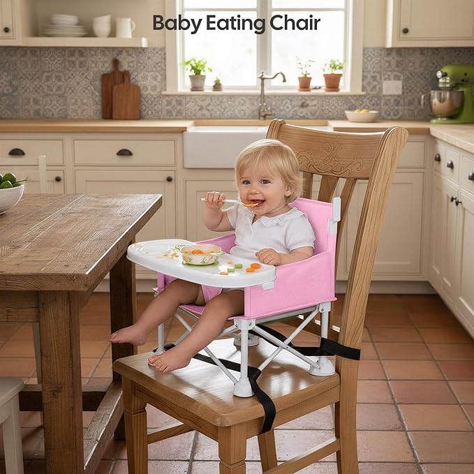 Cochildor 4-in-1 Portable Baby Chair, Foldable Toddler Booster Seat with Removable Tray, Canopy & Safety Harness, Pink