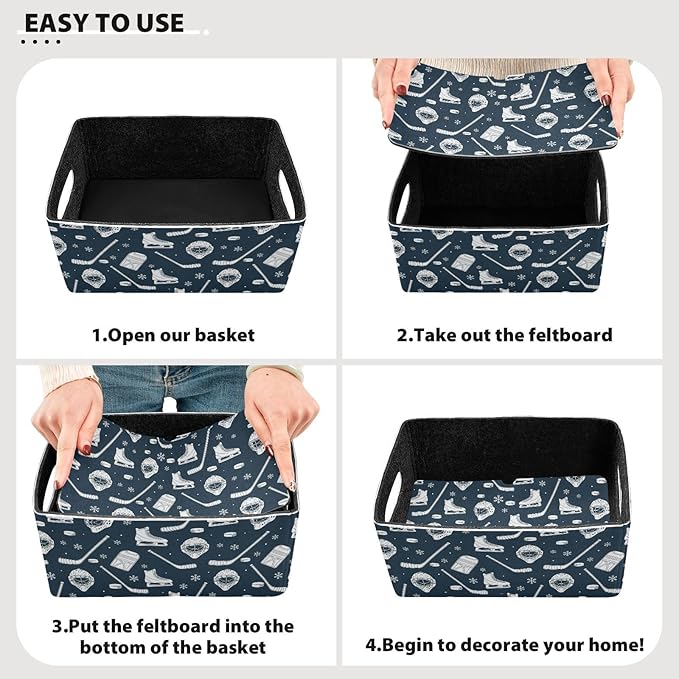 Emelivor Ice Hockey Snow Storage Basket Bins Set (2pcs) Felt Foldable Storage Bins with Handles Foldable Shelf Drawers Organizers for Nursery,Kids Room,Clothes,Towels,Magazine