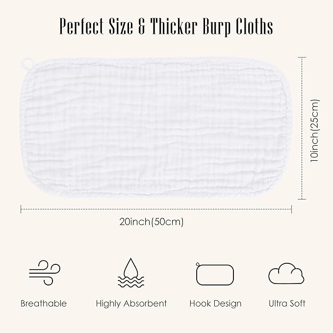 12 Pack Muslin Burp Cloths - Large 20" x 10", Ultra Absorbent 100% Cotton for Baby Drool and Messes - Soft, Gentle Baby Burp Rag for Boys & Girls -White