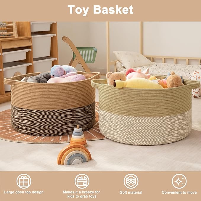 OIAHOMY 90L XXXLarge Blanket Basket for Living Room, 21.7" x 13.8" Woven Cotton Rope Laundry Basket for Organizing Pillows, Decorative Stuffed Animal Toy Storage for Nursery, Jute and White