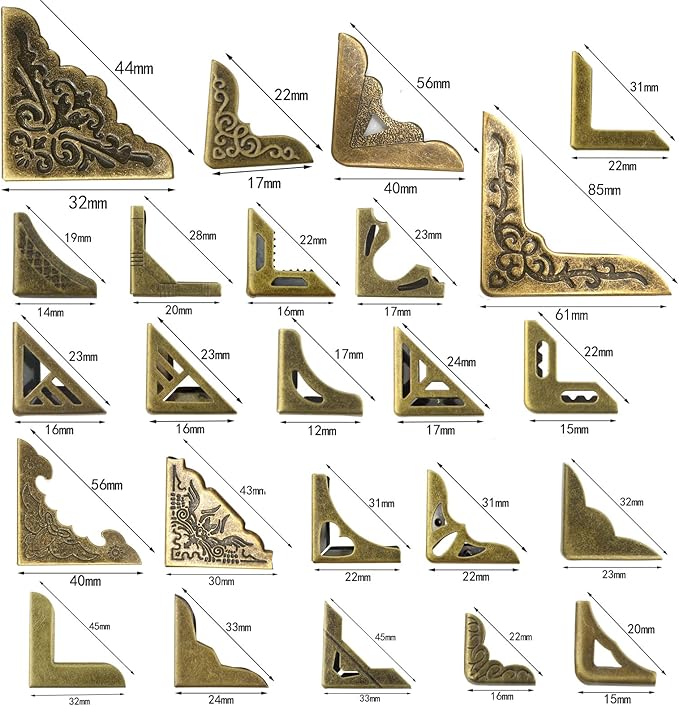 96PCS Metal Book Corner Protector, 24 Styles Iron Guard Edge Cover, Vintage Metal Decorative Cover Pad, for School Book Album Scrapbook Notebook, Desk Jewelry Case Box Gifts (Package A)