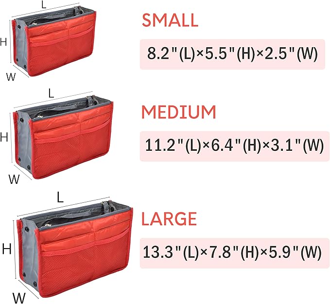 Vercord Purse Organizer Insert for Handbags Bag Organizers Inside Tote Pocketbook Women Nurse Nylon 13 Pockets Red Medium